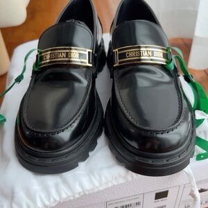 Dior Women's Black Leather Loafers with Gold Detail